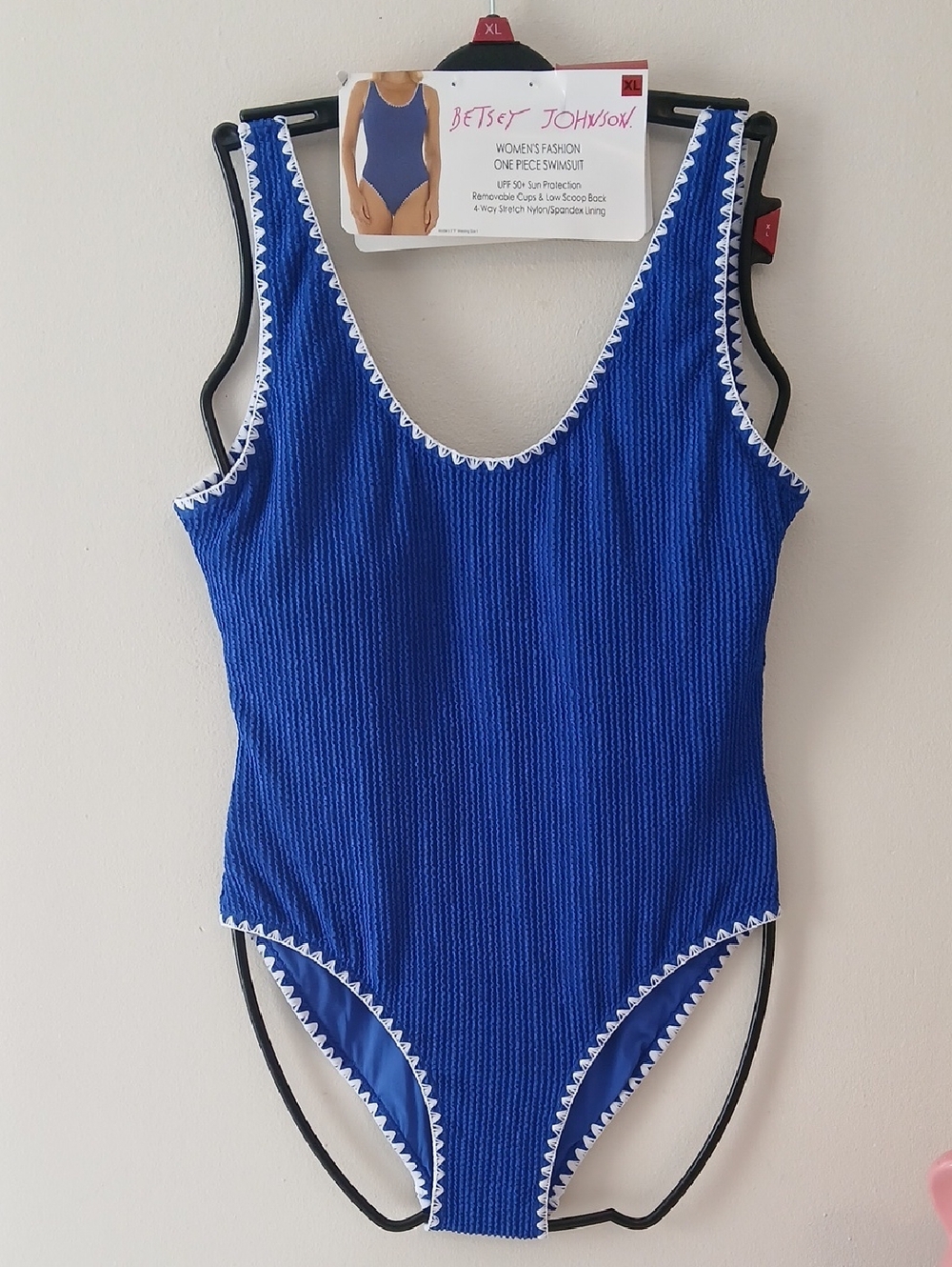 Betsey Johnson Blue Textured One-Piece Swimsuit with White Trim